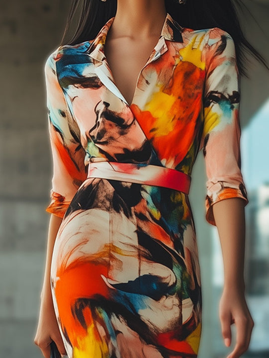 Retro Elegant V-Neck Slim Printed Midi Dress