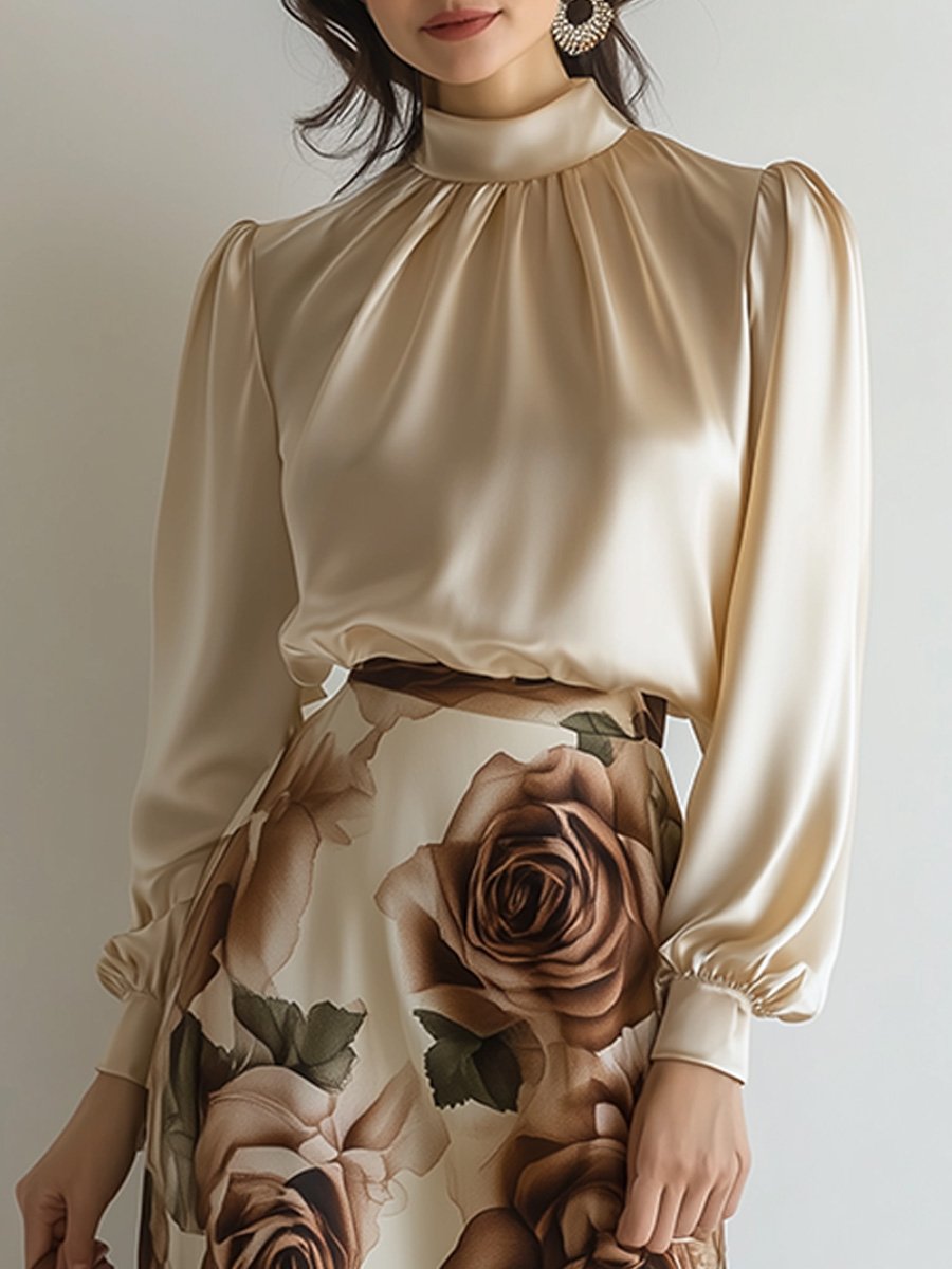 High-Neck Satin Blouse Vintage Floral Midi Skirt