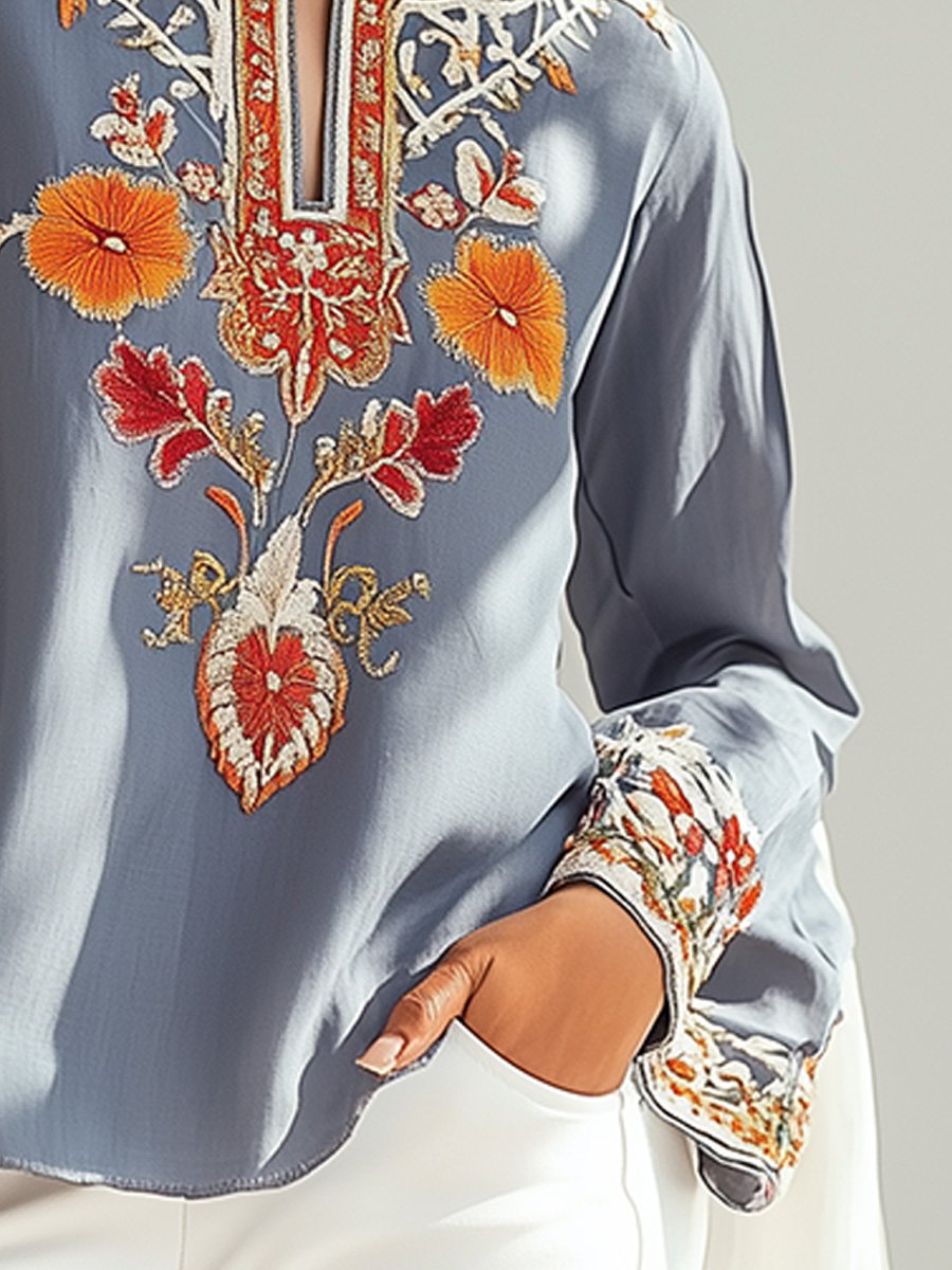 Elegant Floral Embroidered Tunic Blouse