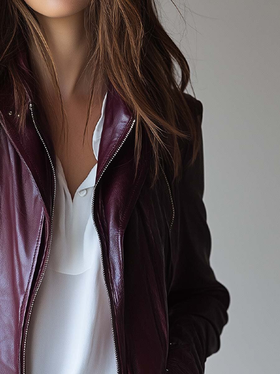 Women's Vintage Burgundy Zipper Leather Jacket