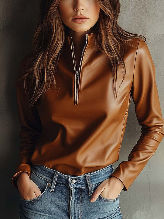 Women's Vintage Stand Collar Zipper Loose Leather T-shirt