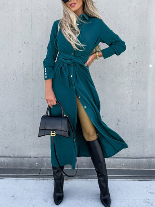 Solid Color Cardigan Long Sleeve Swing Maxi Dress