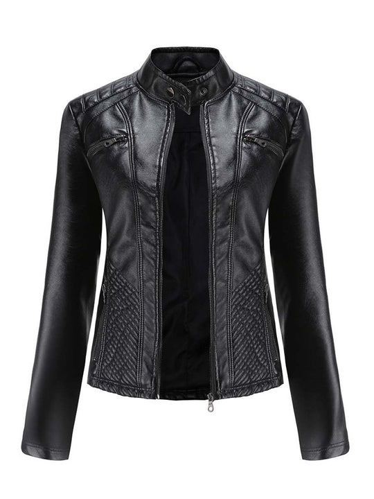 Women's Stand Collar Casual Leather Jacket