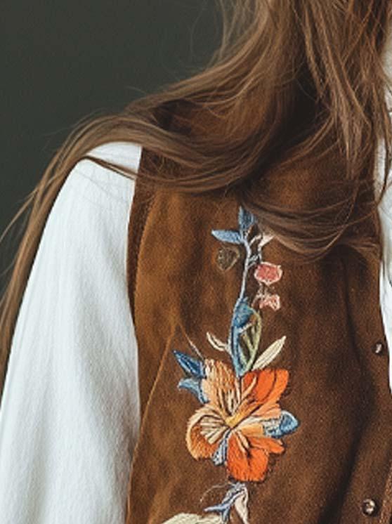 Women's Vintage Suede Embroidered Vest