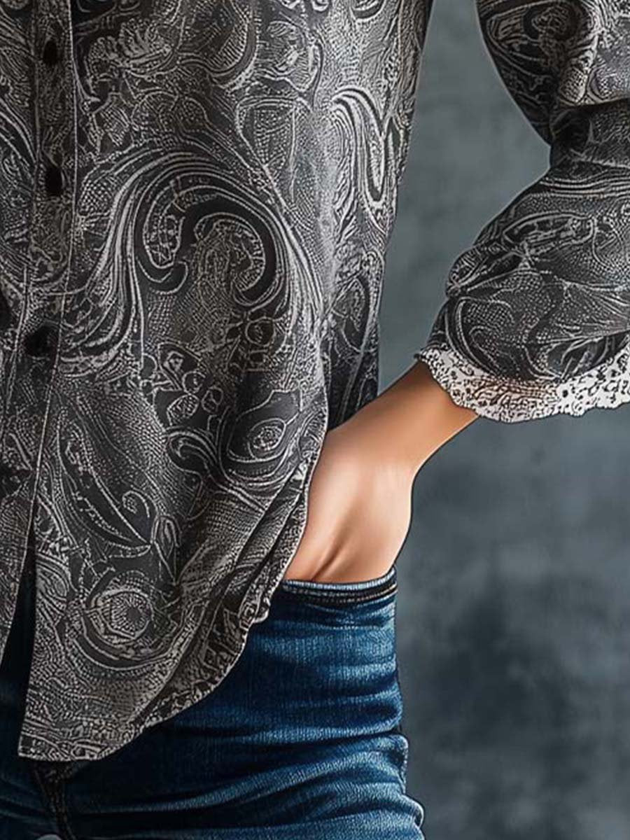 Women's Vintage Paisley Lace Denim Shirt