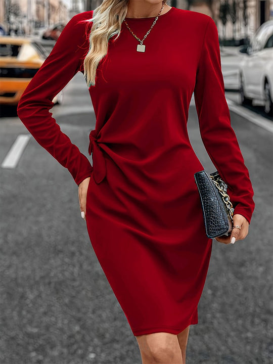 Elegant Side Knot Long Sleeve Waist-Cinching Bodycon Dress