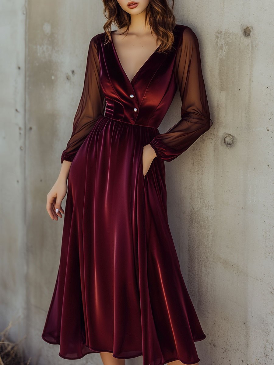 Elegant V-neck Sheer Sleeve Burgundy Satin Midi Dress