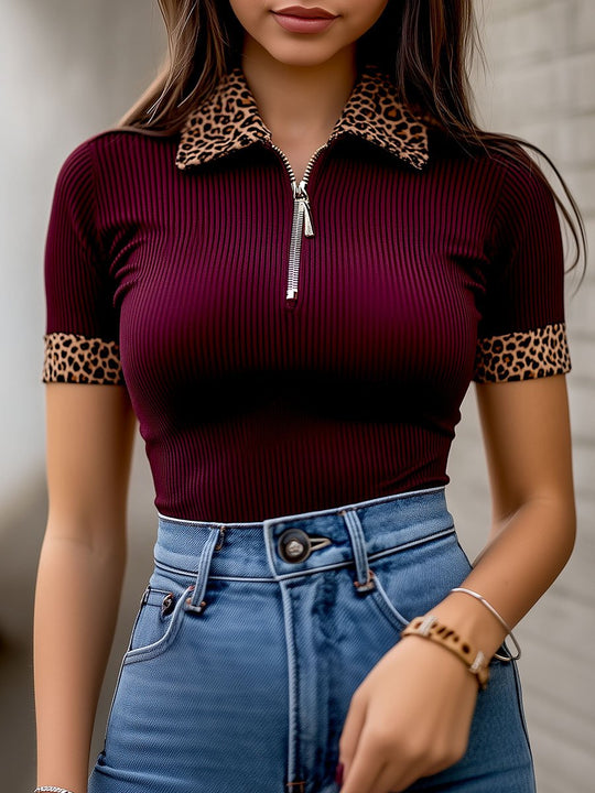 Stylish Ribbed Texture Leopard Trim Zipper-up T-shirt