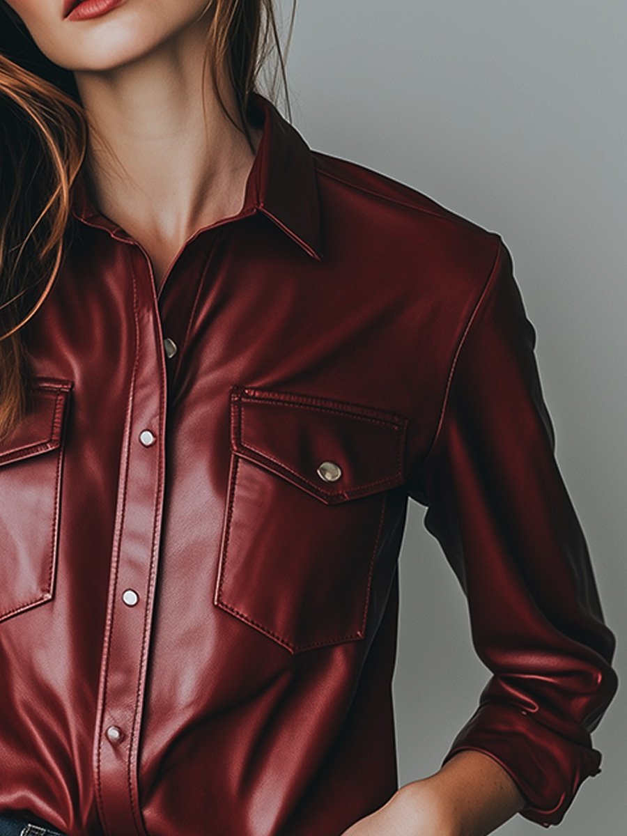 Vintage Red Lapel Button-Down Leather Shirt