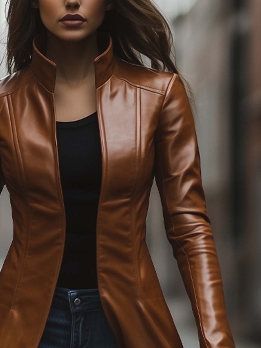 Women's Vintage Zipper Leather Coat