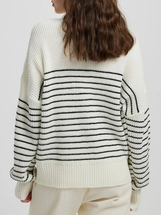 Turtleneck Striped Colorblock Long Sleeve Zipper Pullover Knit Sweater