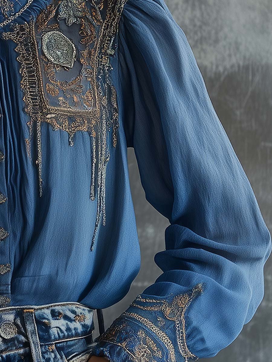 Regal Charm Embroidered Blue Lace Blouse