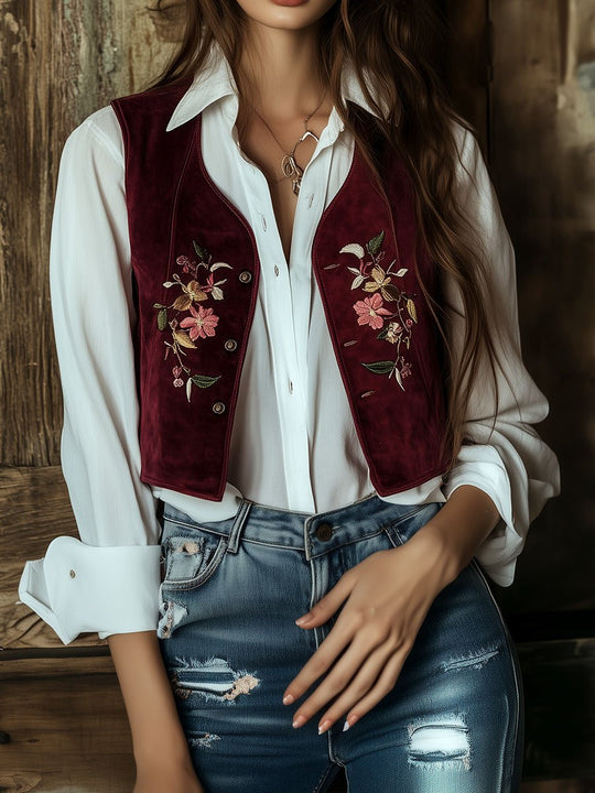 Chic Symmetrical Flower Embroidery Suede Waistcoat