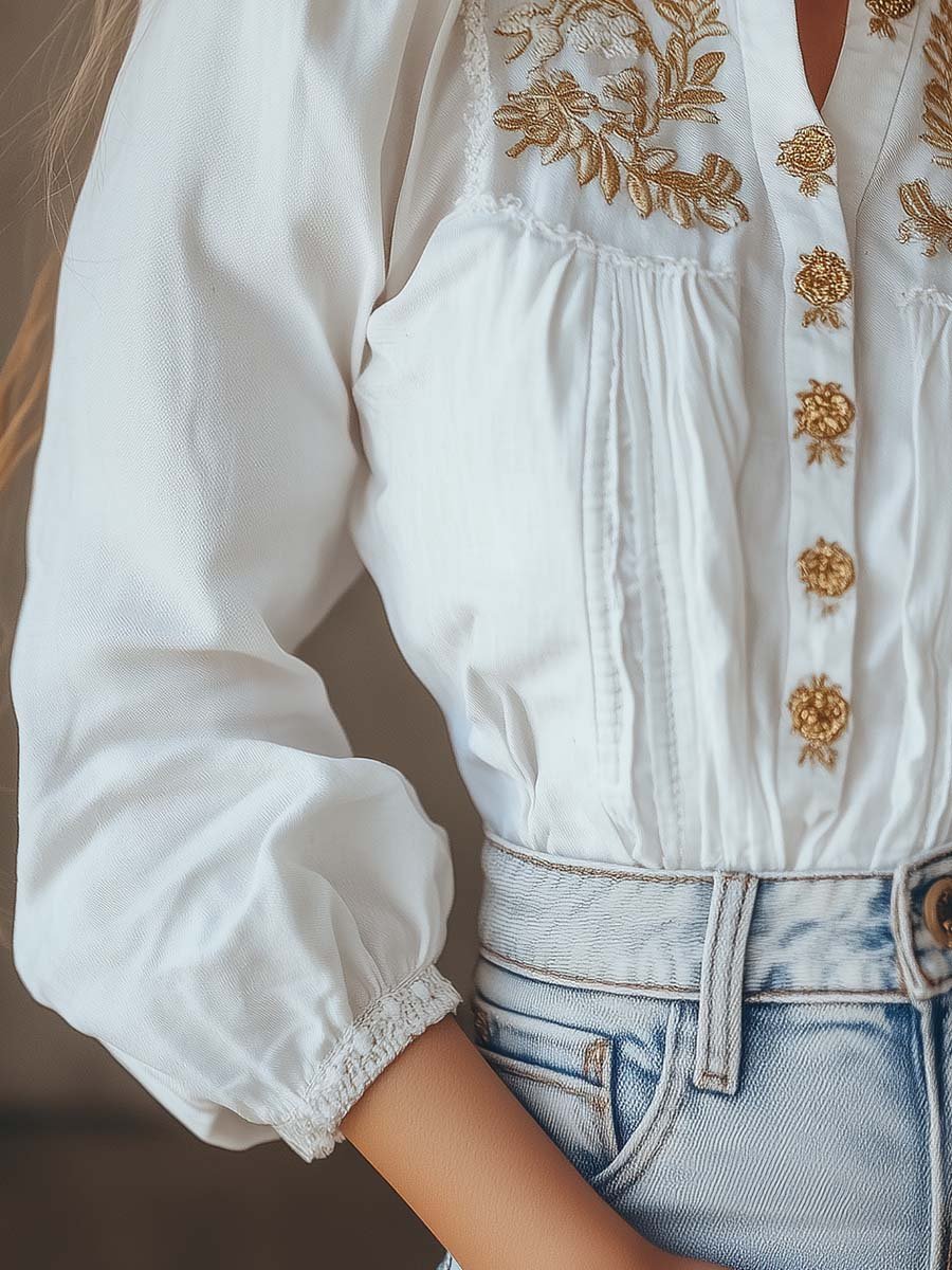 Women's Gold Embroidered Cotton Long-sleeved Blouse