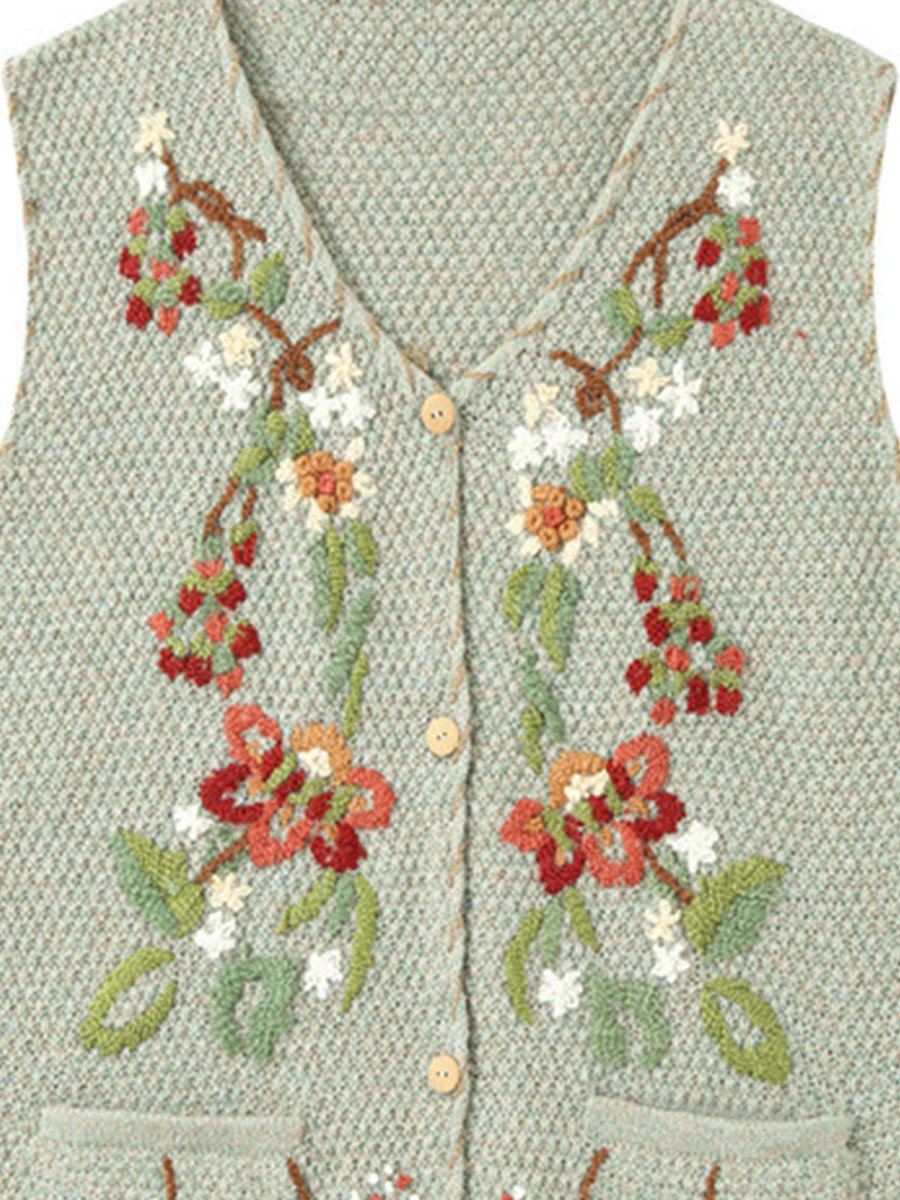 Wool Hand-embroidered Loose Retro V-neck Vest