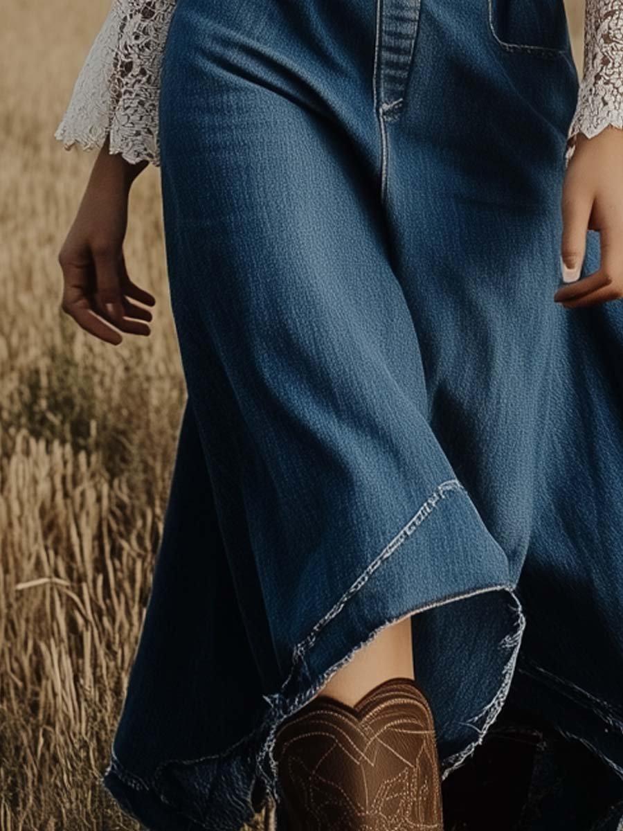 Vintage Lace Cuffs Denim Maxi Dress