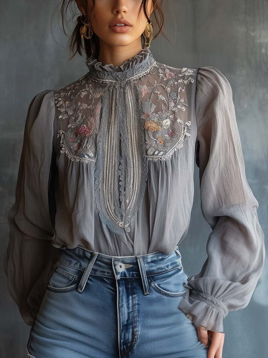 Ethereal Charm Embroidered Sheer High-Neck Blouse