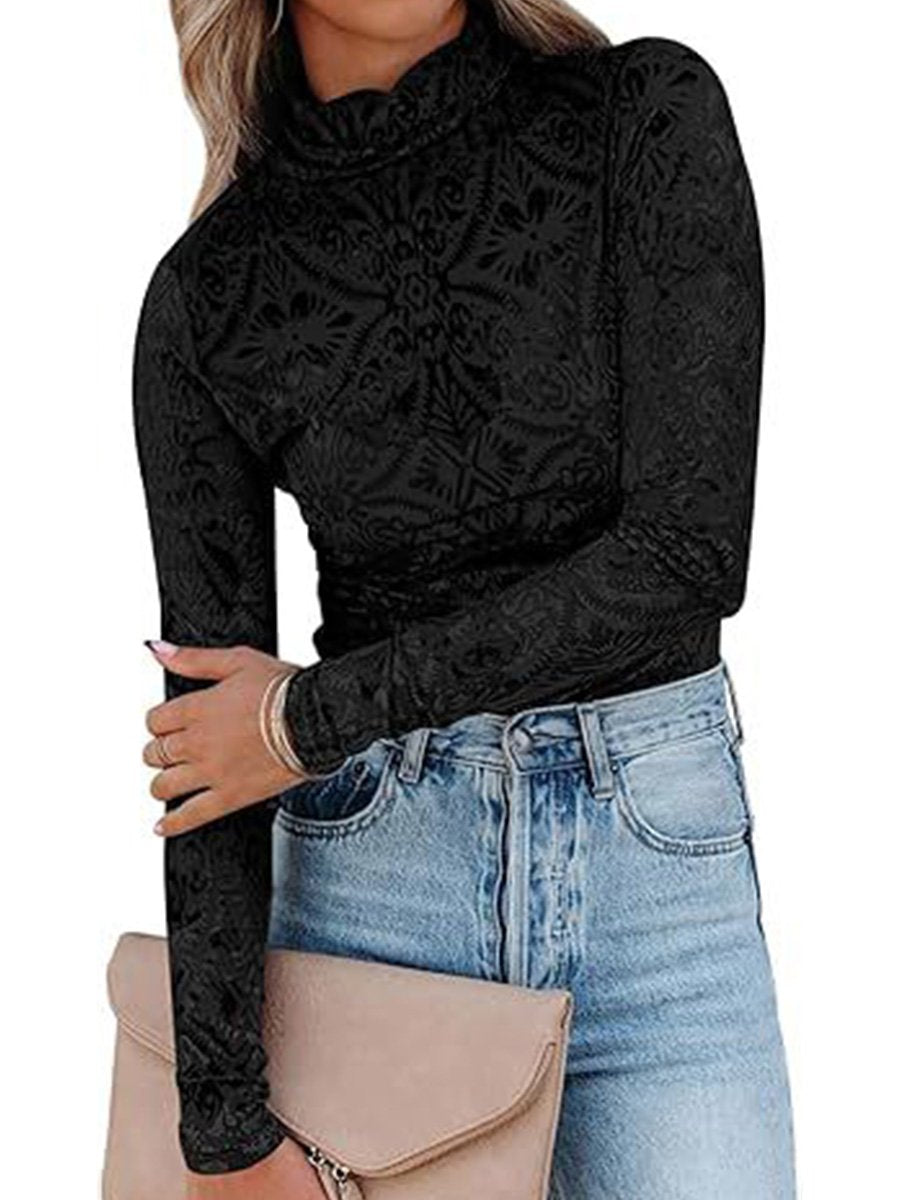 High Collar Velvet Burnt Flower Hollow Long Sleeve Bottoming Shirt