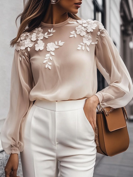 Sheer Floral Appliqué Blouse with Elegant Detailing