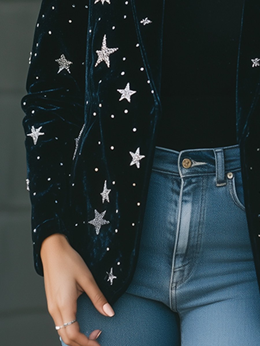 Fashion Retro Blue Velvet Star Print Blazer