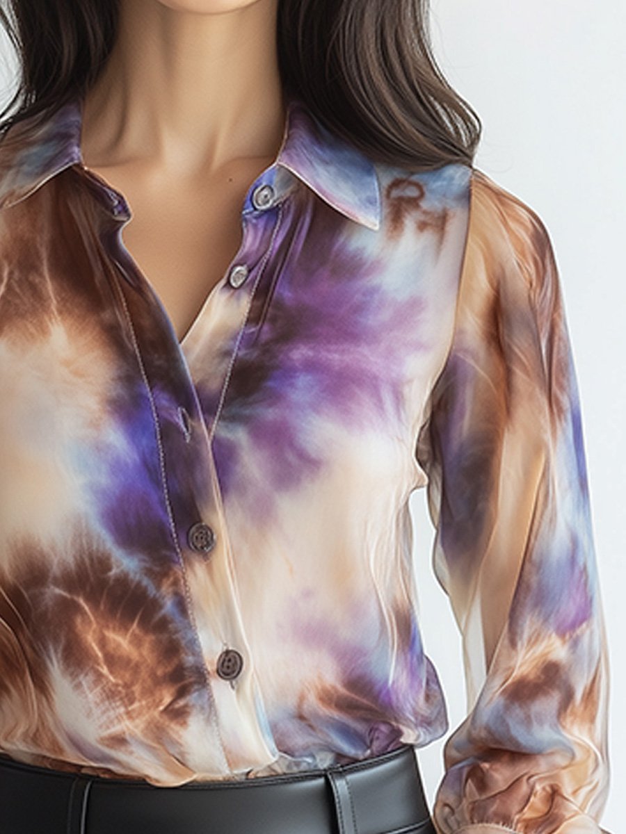 Elegant Tie-dye Satin Long-sleeved Shirt