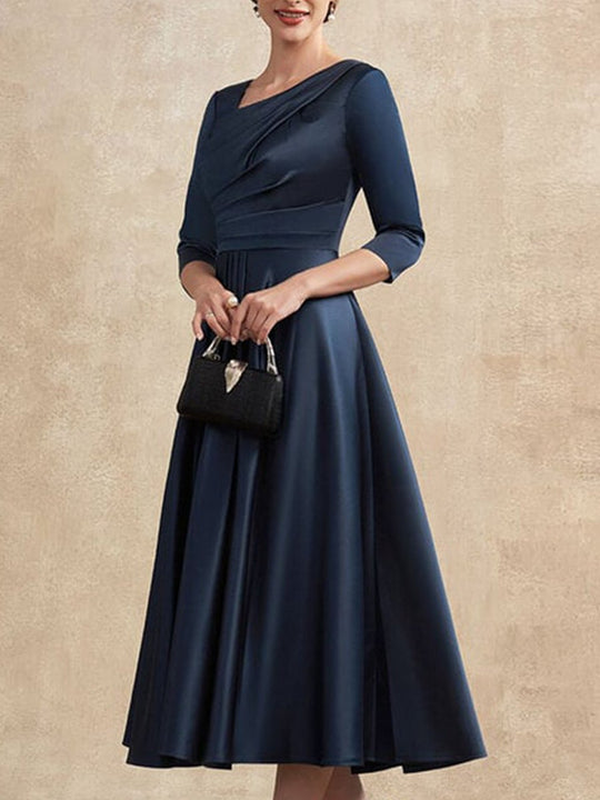 Asymmetrical A-Line Pleated Satin Midi Dress