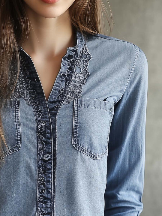 Women's Vintage Denim Lace Hem Long Sleeve Shirt