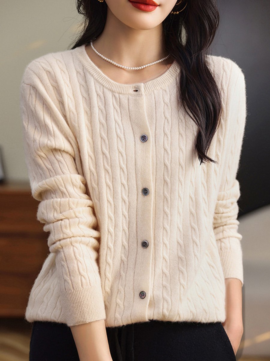 Fashion Round Neck Slim Fit Cable Knit Cardigan