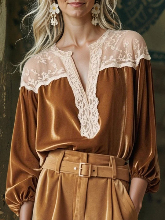 Brown Velvet Lace V-Neck Long Sleeve Shirt