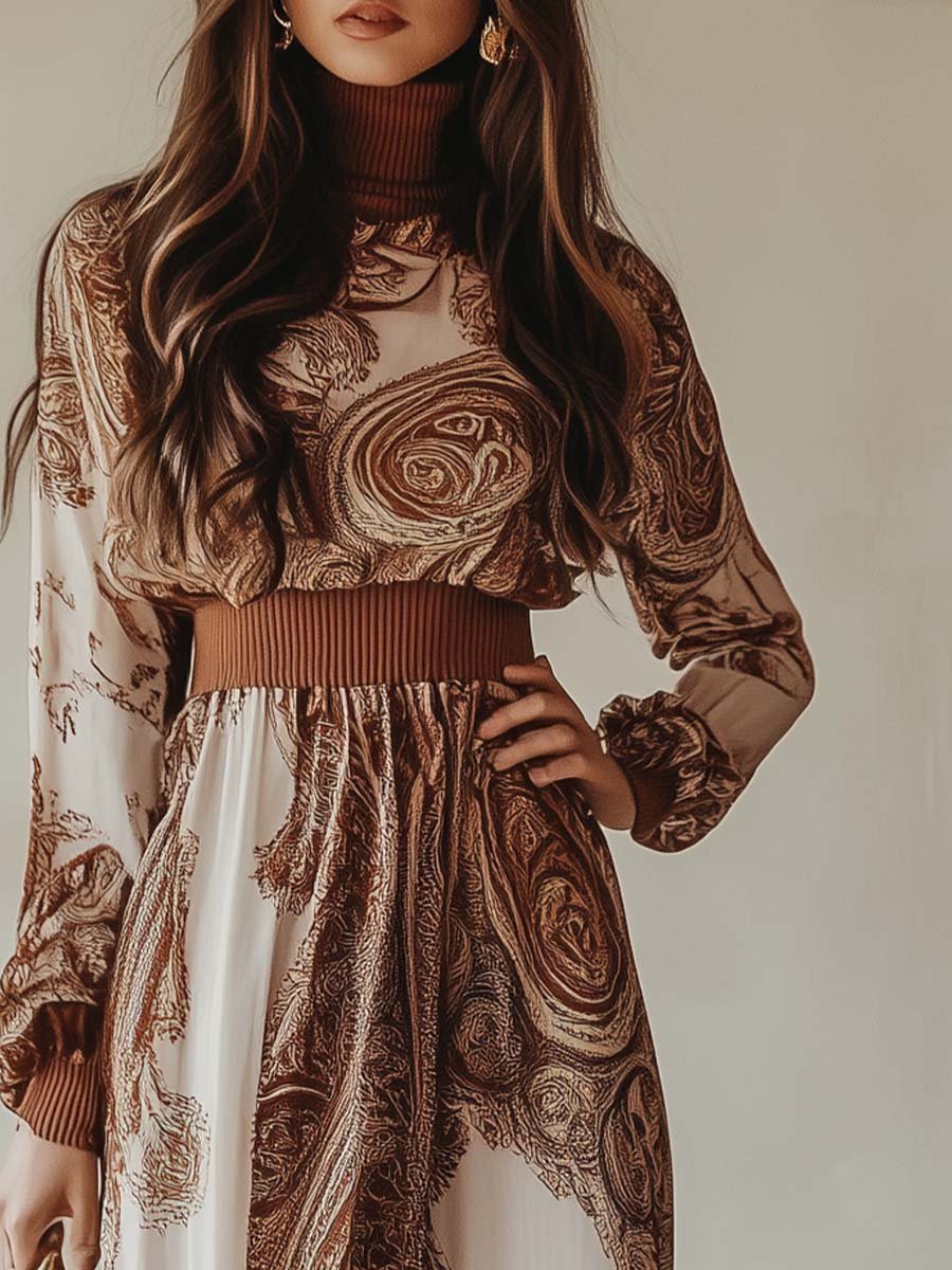 Women's Retro Paisley Long Sleeve Maxi Dress