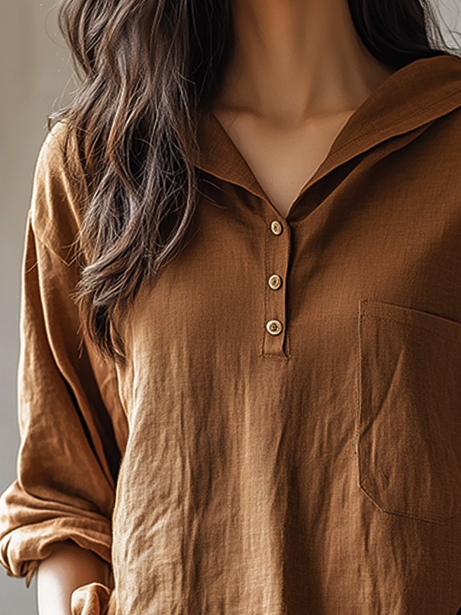 Linen Solid Color Casual Everyday Hooded Long Sleeve Shirt