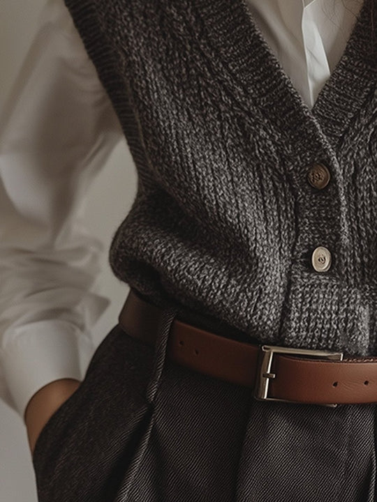 Grey Casual V-Neck Wool Knit Waistcoat