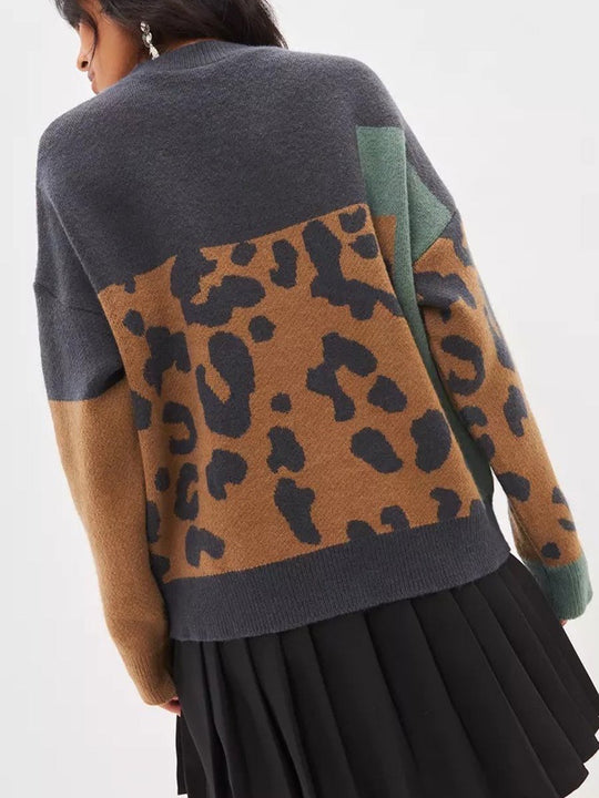 Fashionable Retro Loose-Fit Leopard Print Pullover Knit Sweater