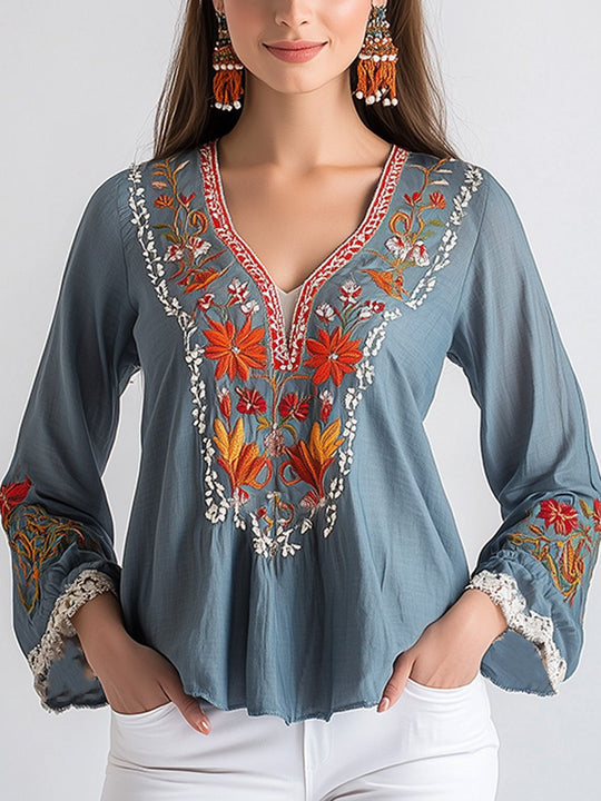 Bohemian Embroidered Peplum Blouse with Lace Trim