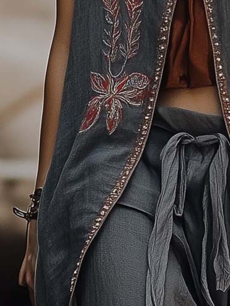 Bohemian Embroidered Open-Front Vest