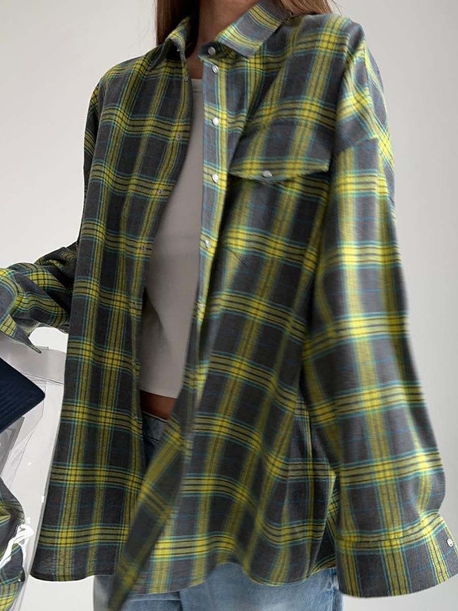 Women's Retro Loose Plaid Long Sleeve Shirt