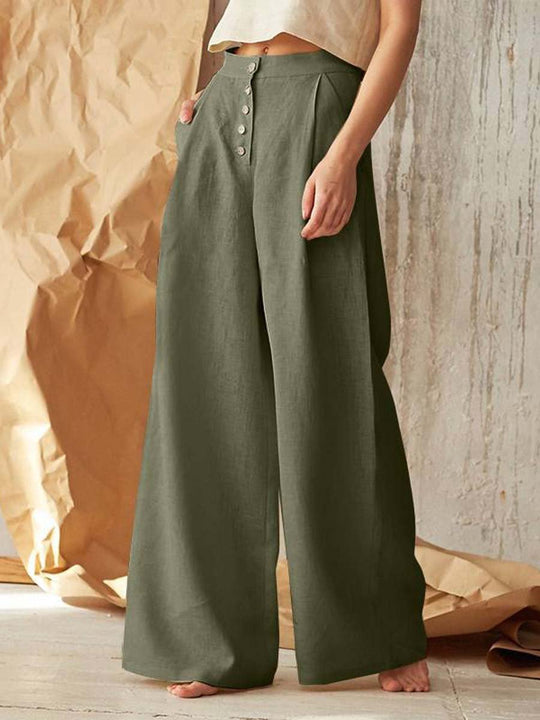 Women's High Waist Casual Button Cotton Linen Wide Leg Pants