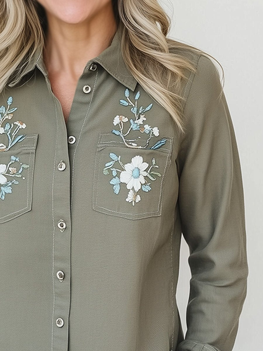 Fashion Retro Floral Embroidery Distressed Washed Work Shirt