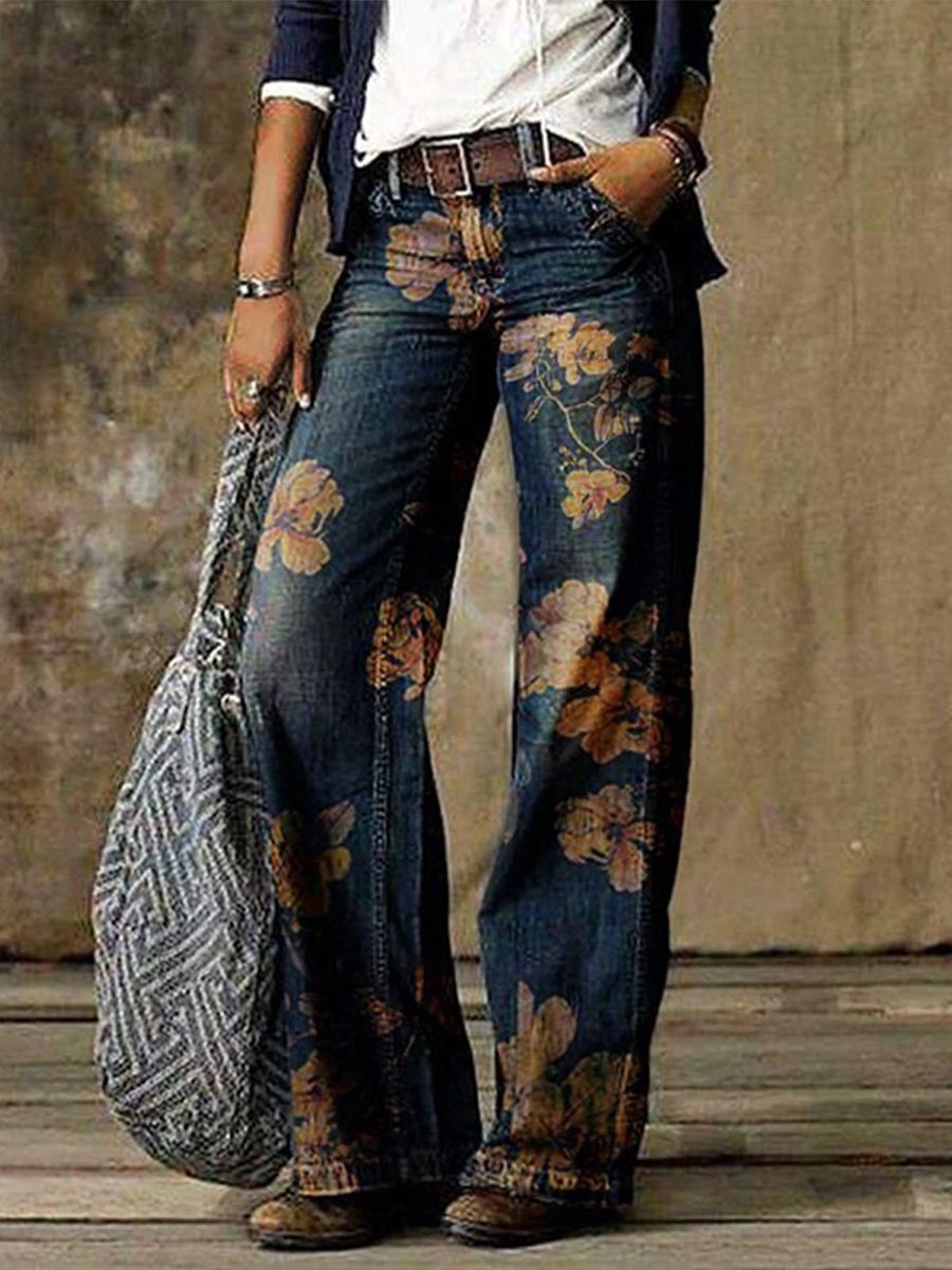 Retro Fashion Printed Casual Wide-Leg Jeans