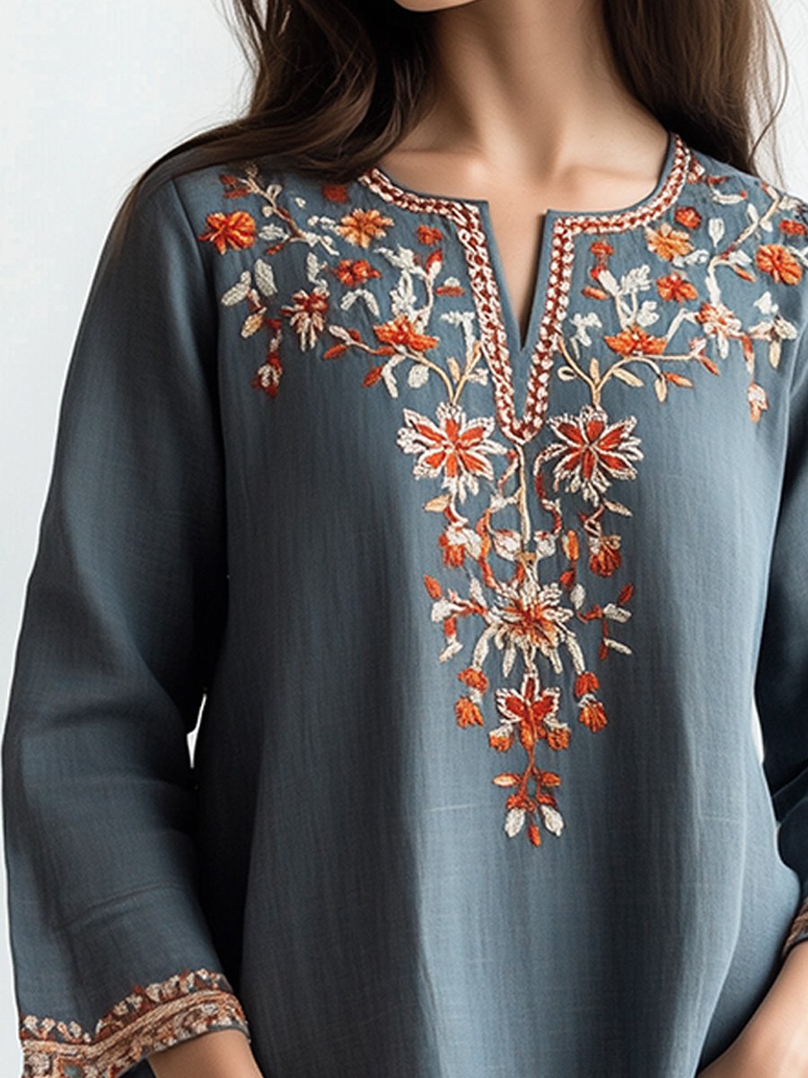 Bohemian Chic Embroidered Tunic Cotton and Linen Blouse