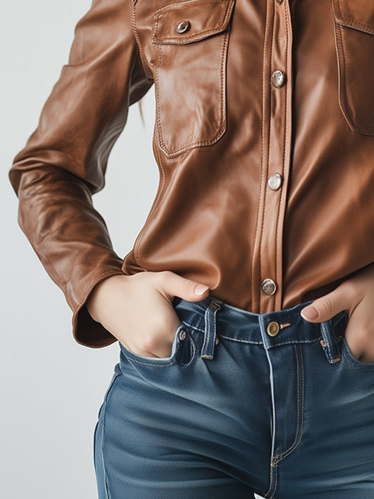 Brown Vintage Pocket Button Leather Shirt