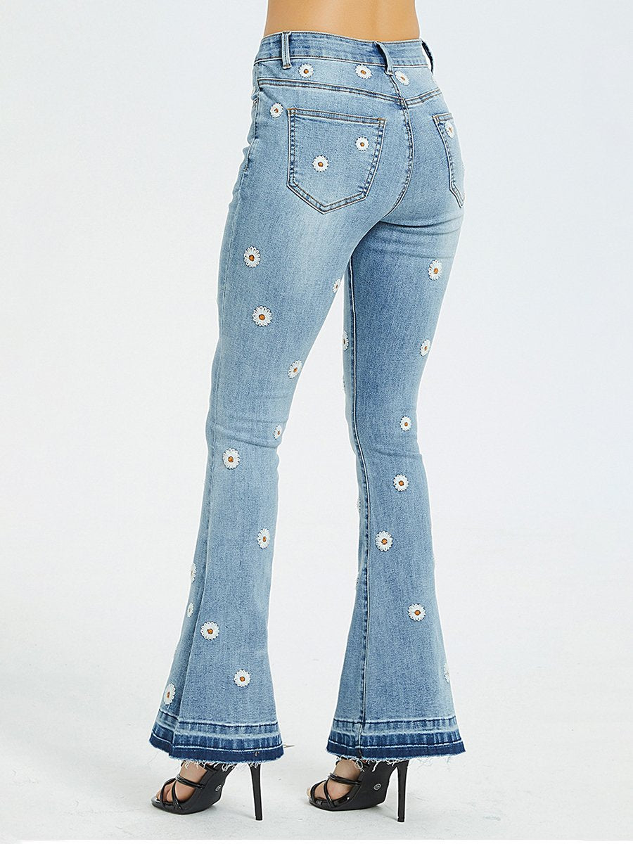 Chic Daisy Embroidered Slim-fit Flared Jeans