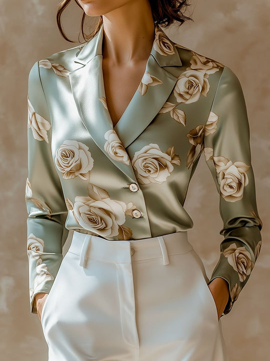 Elegant Lapel Rose Pattern Side Button Down Satin Shirt