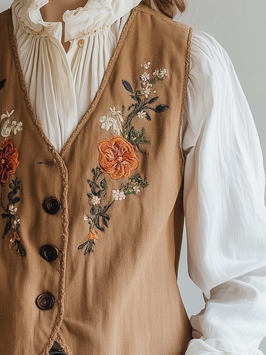 Vintage Embroidered Floral Vest in Earthy Beige