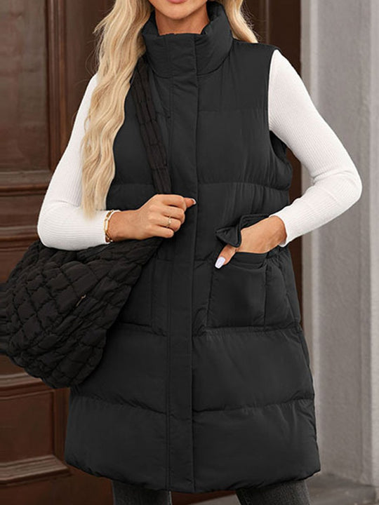 Casual Solid Color Zipper Sleeveless Long Vest