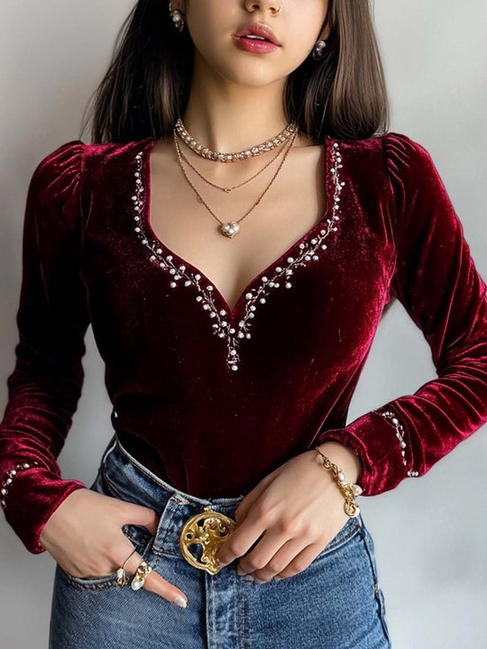 Women's Vintage Embroideried Collar Velvet T-Shirt