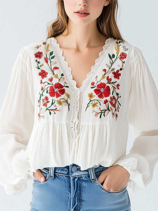 Romantic Floral Embroidered Scallop V-Neck Blouse