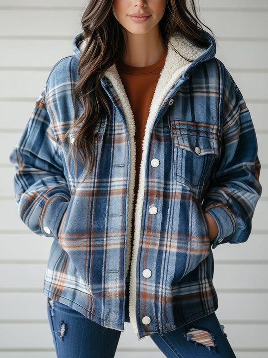 Classic Plaid Pattern Lamb Fleece Lined Hooded Jacket