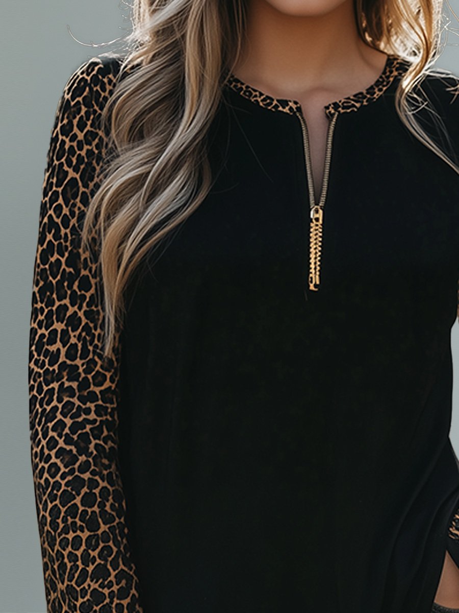 Fashion Loose Leopard Print Zipper Long Sleeve T-shirt