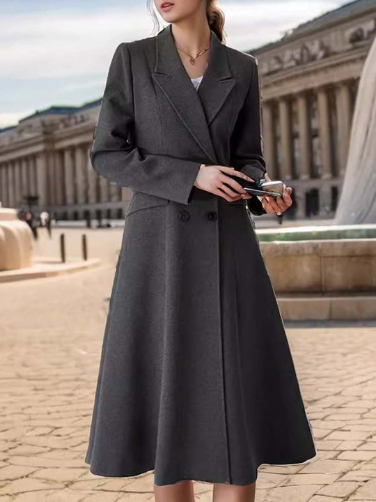 Knee-Length Padded Lapel Woolen Coat